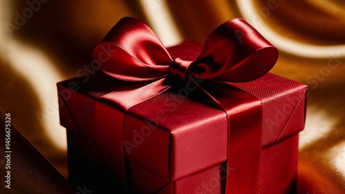 Close-up of a red gift box with satin bow, festive and luxurious look, soft shadows, studio lighting