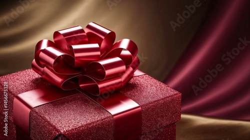 Close-up of red gift box with luxurious red satin bow, festive and elegant presentation