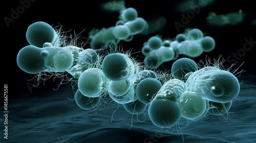 Detailed microscopic view of pathogen microorganisms with spherical shapes and filamentous structures in bluish tones against a dark background.