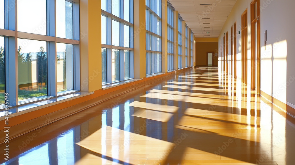 Obraz premium Bright hallway with large windows casting shadows on polished floor