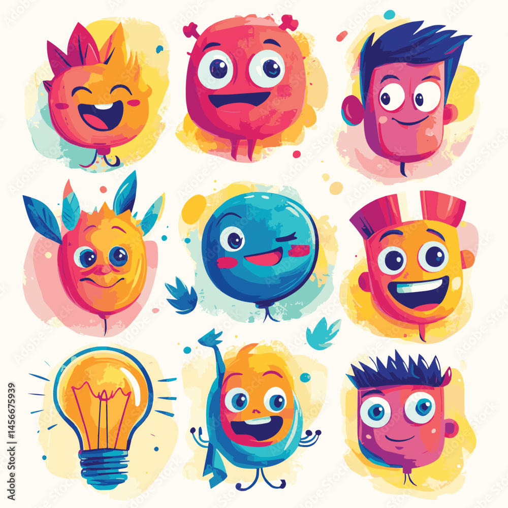 Round abstract comic Faces with various Emotions Round abstract comic Faces with various Emotions