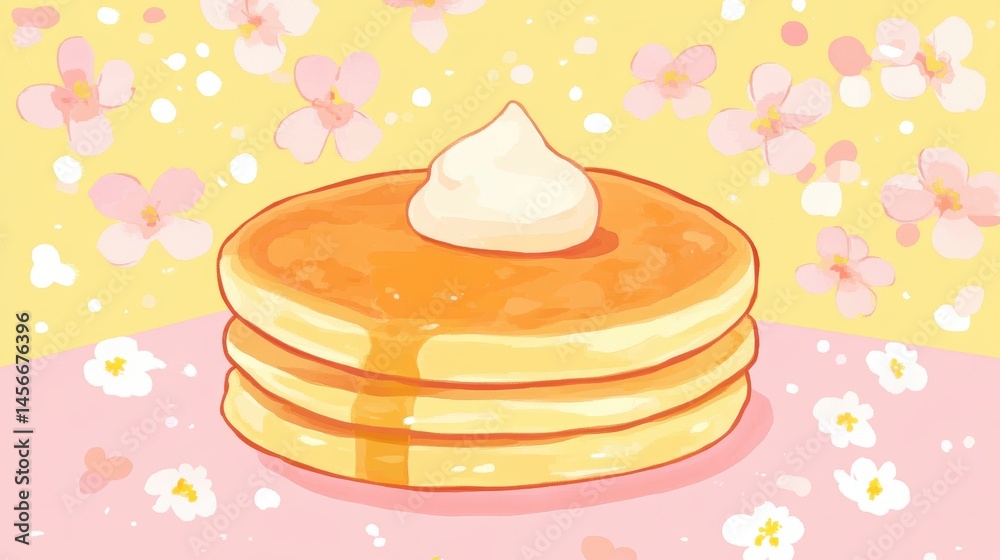 Stack of Pancakes with Cream and Syrup in Cute Illustration Style with Cherry Blossoms Background