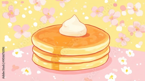 Obraz na płótnie Stack of Pancakes with Cream and Syrup in Cute Illustration Style with Cherry Blossoms Background w salonie