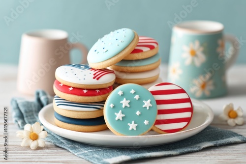Stacked American Flag Cookies on a Plate With Decorative Cups in a Cozy Kitchen Setting