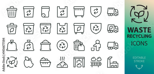 Waste recycling line icons set. Set of trash bin, garbage container and truck, waste processing plant, dumpster vector icon with editable stroke