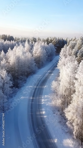 Aerial View of Winter Forest Road with Snow Covered Trees in Finland on a Sunny Day in Scandinavia