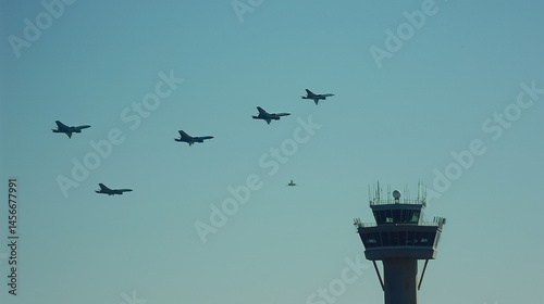 Multiple commercial airplanes flying in formation against clear blue sky with air traffic control tower in distance. Aviation fleet teamwork, air transportation and flight coordination concept.