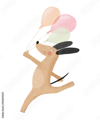 Birthday Vector Card with Happy Dog And Air Balloons. Funny Dog ​​Holding Bunch of Balloons. Lovely Hand Drawn Nursery Art with Sweet Puppy. 