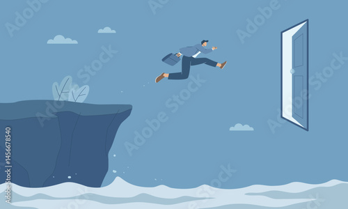 Overcoming obstacles and finding success, Businessman jumps over the cliff to the gate of success, Facing obstacles and failure, Achieving goals, Flat vector design illustration.