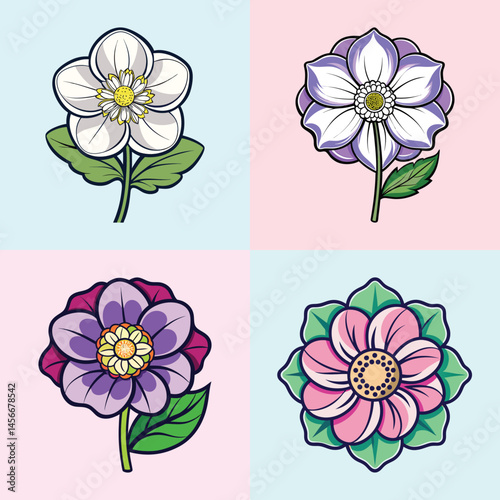 Vintage floral illustration set, 4 botanical flower icons in EPS format, elegant purple and pink blossoms with green leaves for wedding stationery