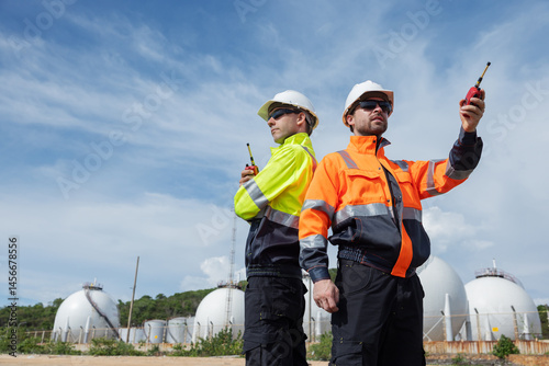 Wallpaper Mural Two engineers wearing safety jackets and hard hats stand back-to-back with walkie-talkies, posing confidently near an industrial plant with storage tanks under a clear sky. Torontodigital.ca