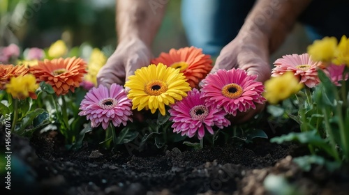 Hands planting colorful flowers in dark soil outdoors