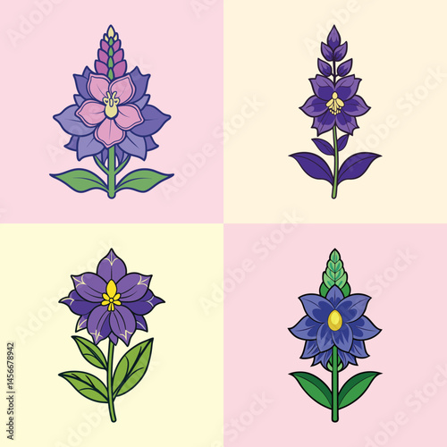 Vintage botanical larkspur flower illustrations, set of 4 purple delphinium floral icons, elegant garden blossom vector graphics for wedding stationery