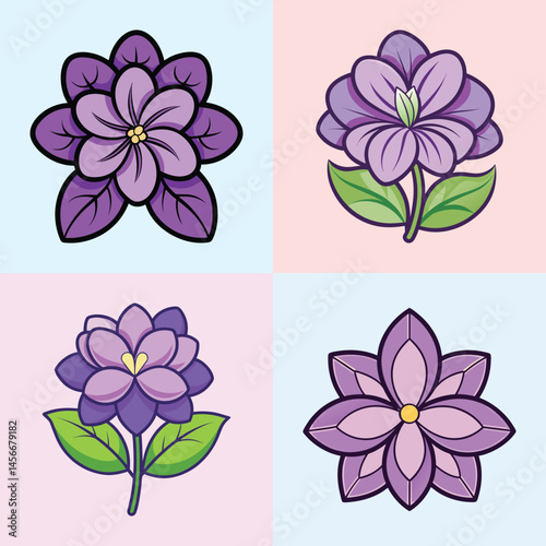 Collection of Purple Flowers in Cartoon Style Pretty Floral Designs