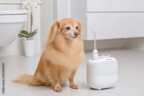 Dog Sits Calmly Next to Advanced Grooming Device in Modern Bathroom Setting During Daytime photo