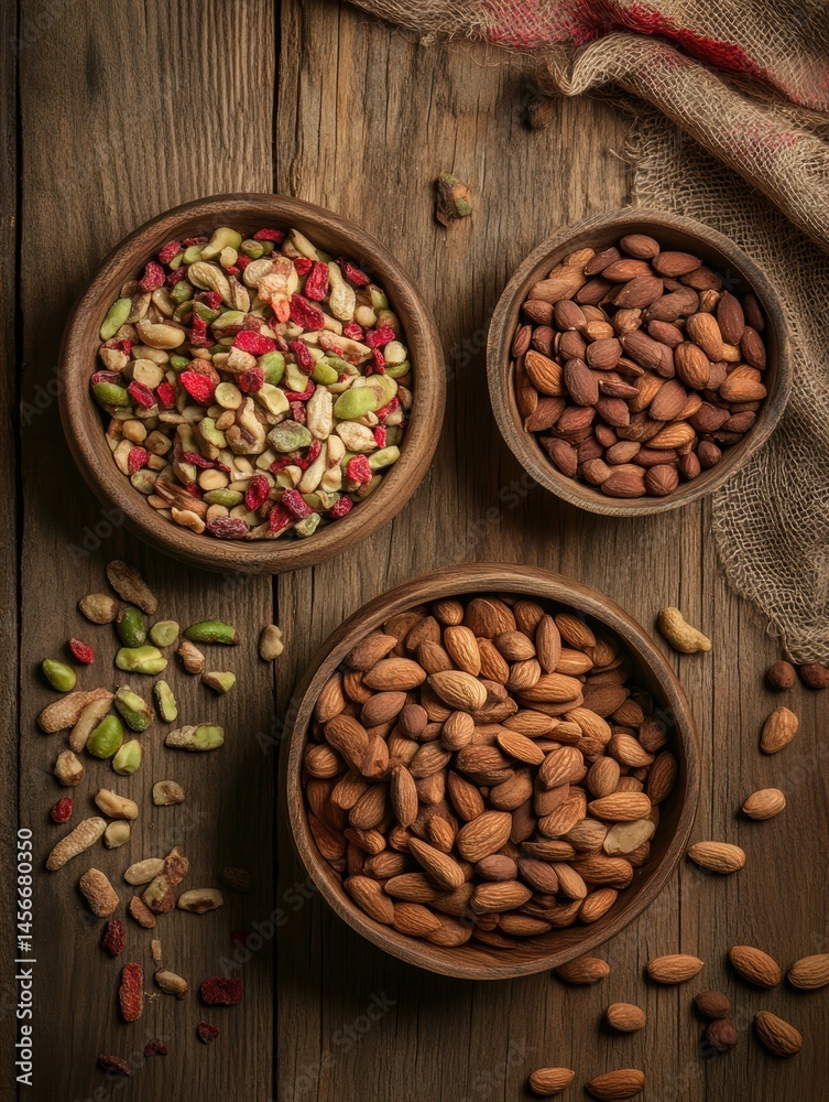Three Bowls of Nuts Still Life on Rustic Wooden Table Top Down View Almonds Trail Mix Healthy Snacks Three Bowls of Nuts Still Life on Rustic Wooden Table Top Down View Almonds Trail Mix Healthy Snacks