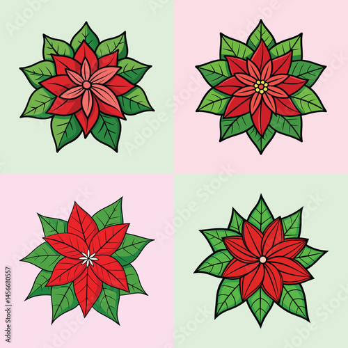 Collection of Four Beautiful Red Poinsettia Flowers with Green Leaves Christmas Holiday Design Elements