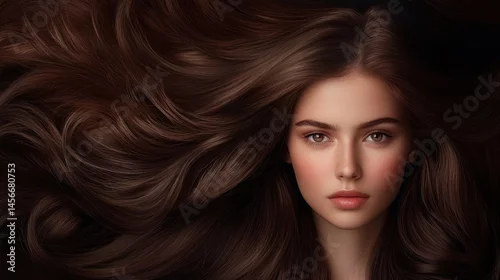 Obraz Stunning Portrait of a Young Woman with Luxurious Long Brown Hair