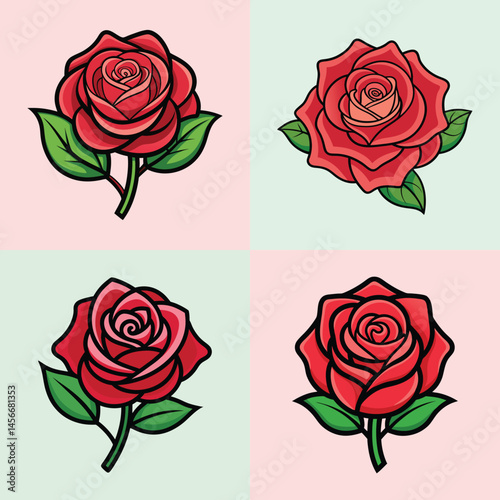 Four Red Roses Collection Beautiful Bloom Graphic Design