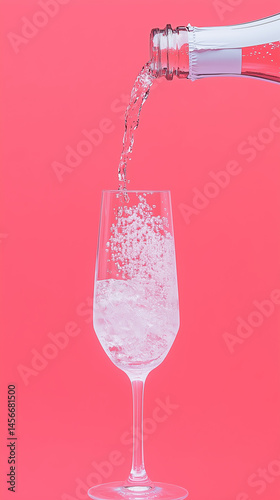 Sparkling water being poured into a crystal-clear wine glass against a bold pink background, showcasing refreshing fizz and elegant minimalism in vibrant modern style.