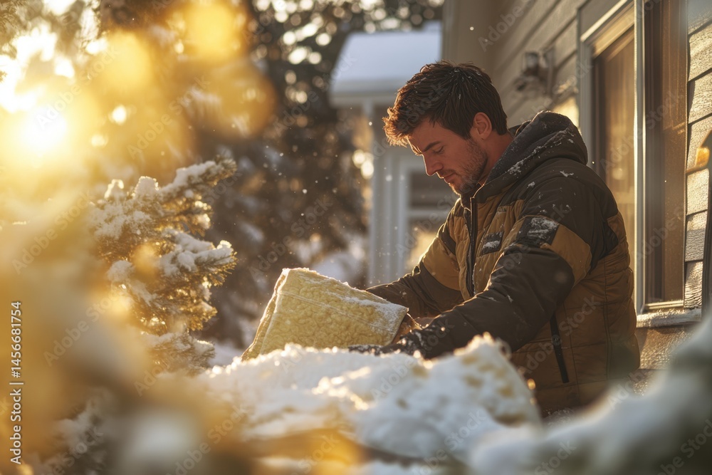 construction scene featuring insulation application in wooden attic frame, sustainable living solutions, reducing carbon footprint, energy-conscious building, ecological housing renovation