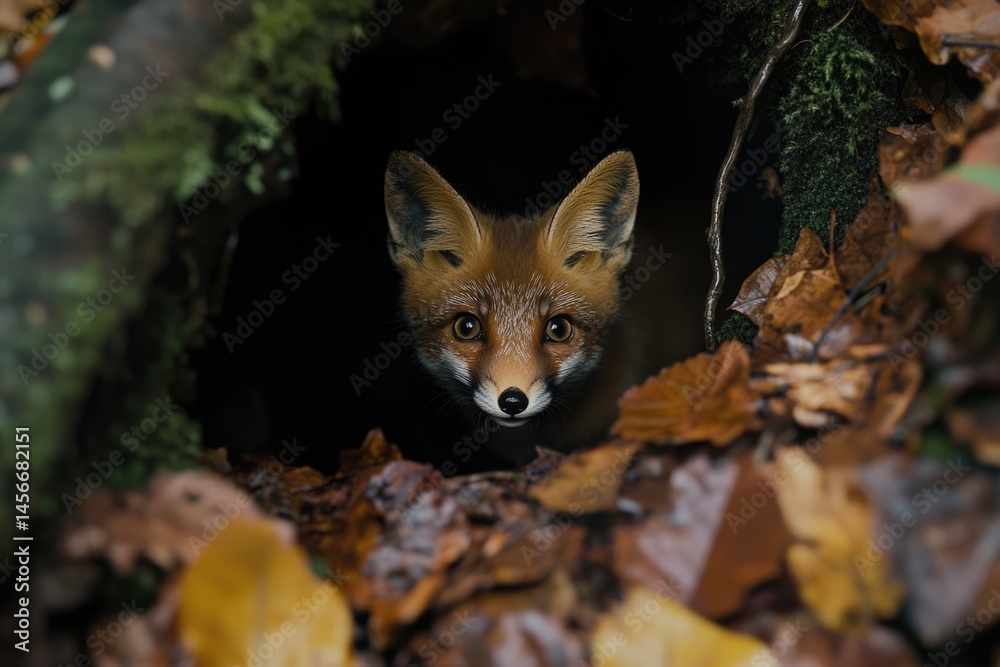 Naklejka premium A curious red fox kit peeks from its den, nestled amongst autumn leaves in a dark forest.