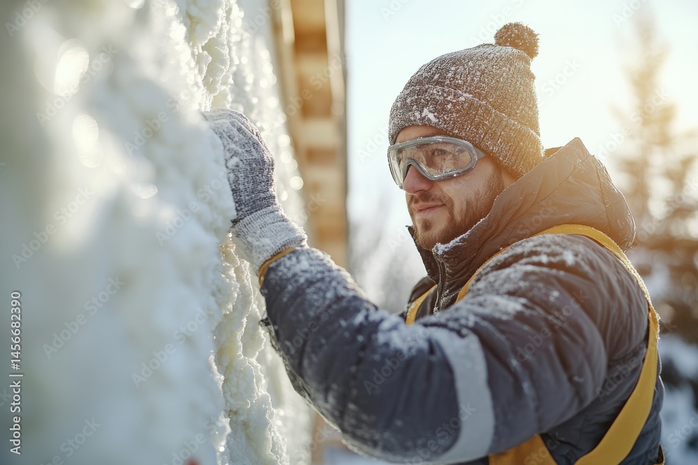 close-up of man in hard hat and goggles installing insulation, showcasing worker safety, compliance with construction standards, modern jobsite activity, framed house development