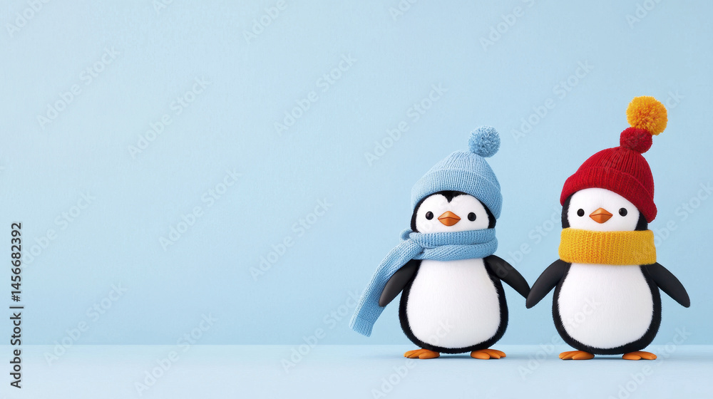 Obraz premium Fashionable cartoon penguins in winter hats and scarves, cheerful and cute