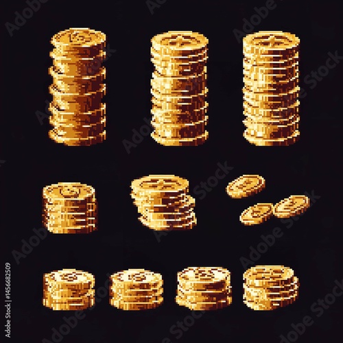  Pixel Art Gold Coins Illustration.