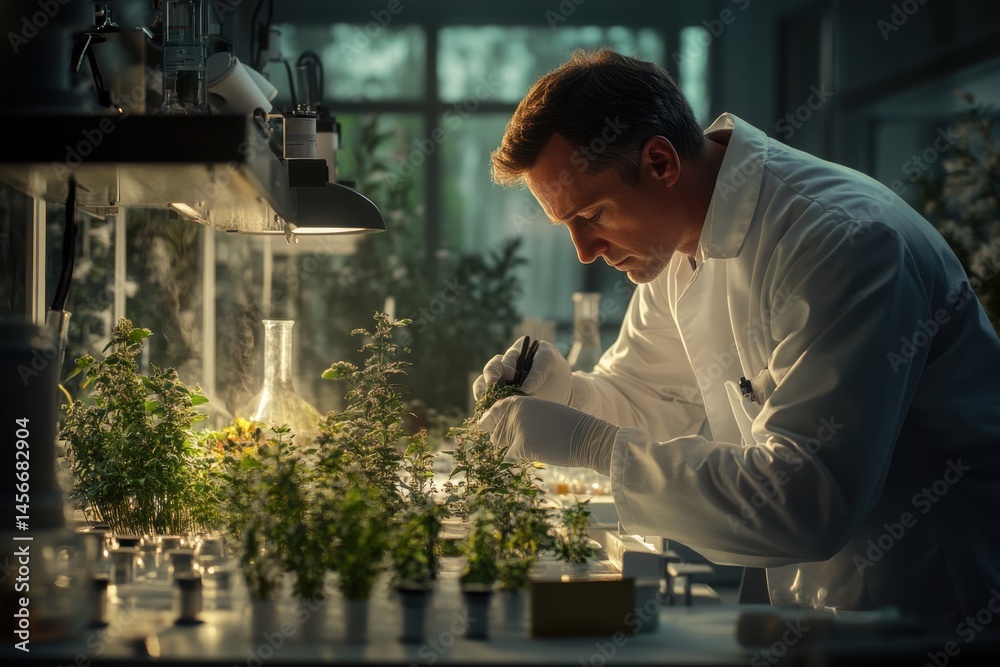 Scientist Researching Medicinal Plants in Modern Laboratory with Professional Equipment