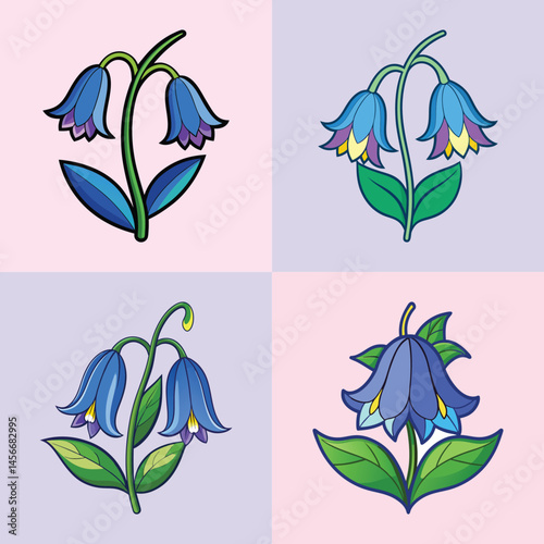 Collection of Four Bluebell Flower Illustrations with Different Styles and Compositions