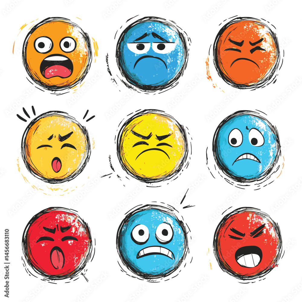 Fototapeta premium Round abstract comic Faces with various Emotions