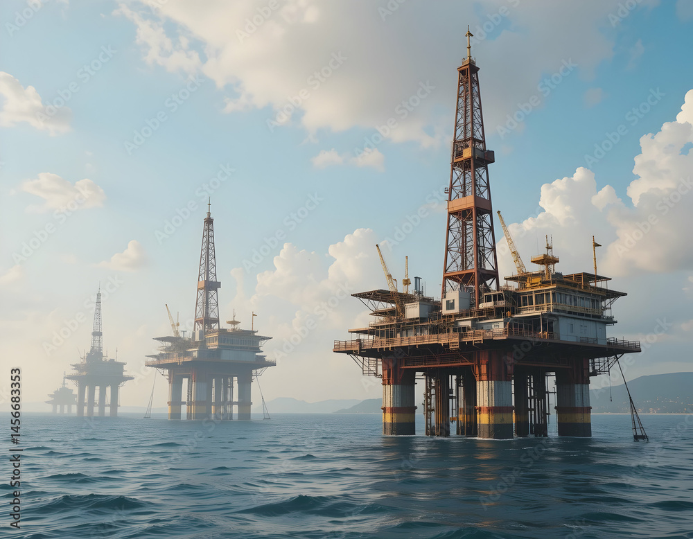 Obraz premium Offshore Platforms in Open Sea Under Cloudy Sky