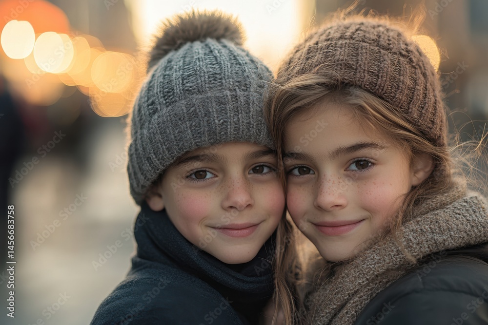 close-up portrait of a young brother and sister hugging outdoors in cozy winter clothes, city street blurred in warm festive lights behind them,