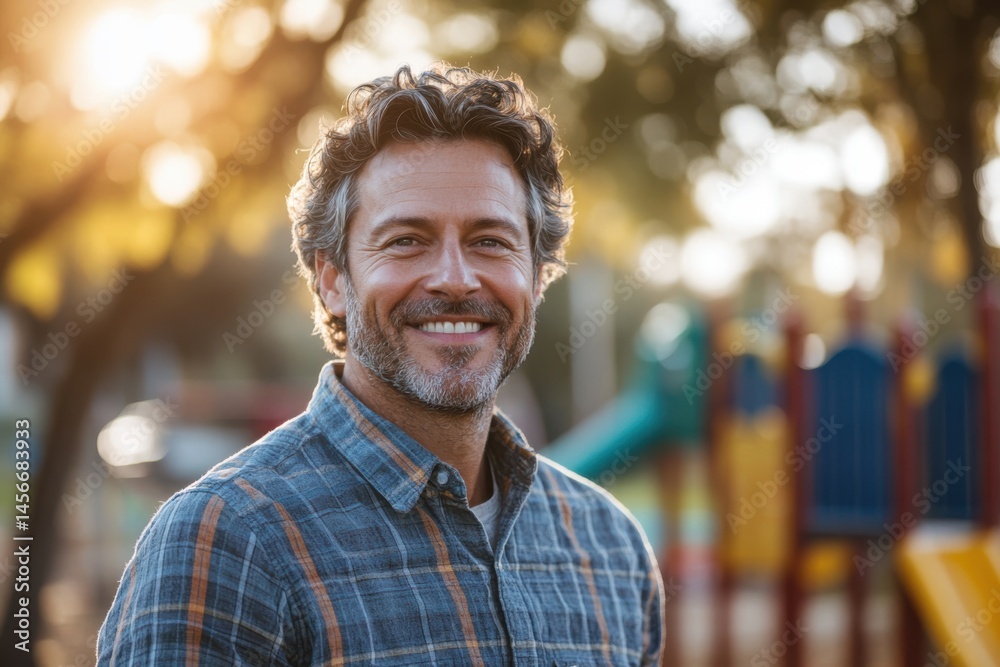 Portrait of Smiling Middle-Aged Man in Park on Sunny Day.Happy Confident Father Outdoors in Casual Shirt