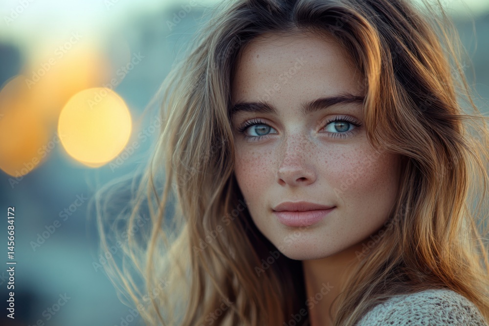 Natural Beauty Portrait of Young Woman with Freckles in Soft Sunlight.Realistic Close-Up Fashion Look for Lifestyle and Skincare Concepts