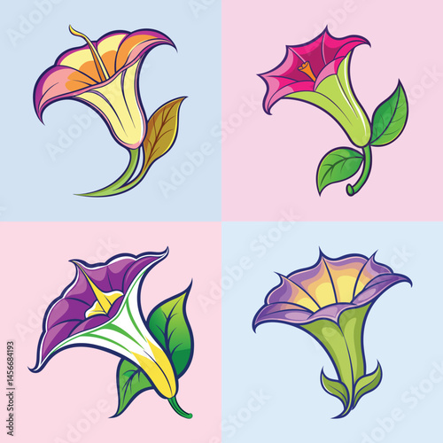 Collection of Four Vibrant Datura Flowers with Different Colors and Styles