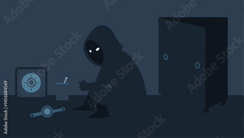 Intruder Silhouette A dark silhouette of a hooded figure crouching beside a large safe in a dimly lit room with tools spread out on the floor.