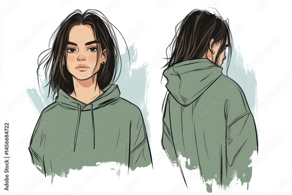 Character illustration of a young woman in a hoodie front and back view digital art style on white background