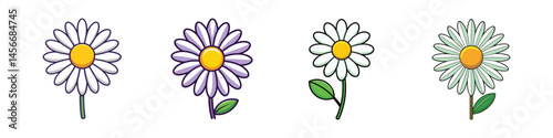 Collection of Four Different Cartoon Daisy Flowers with Variations in Color and Style