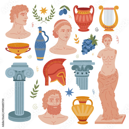 Lovely cartoon colourful set of medieval Greece symbols, marble monument, pillar, ancient ornate jars, lyre, laurel wreath. Hand drawn trendy cultural and historical Greek clipart isolated on white.