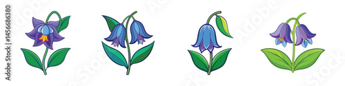 Bluebell flower vector set, botanical blue and purple bellflower illustrations, 4 floral garden plant elements for spring design
