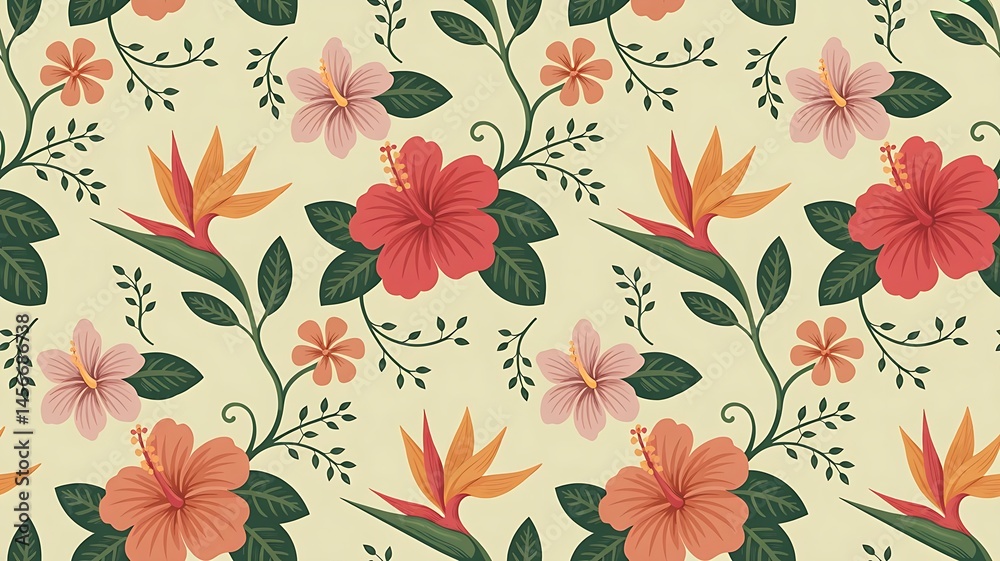 seamless floral pattern with pale yellow background