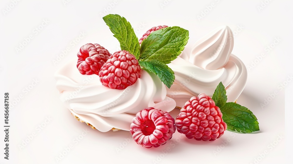 A delicious meringue dessert sits prominently on a clean white background, created by Generative Ai. The meringue has a light and fluffy texture, and it's topped with three bright red raspberries and A delicious meringue dessert sits prominently on a clean white background, created by Generative Ai. The meringue has a light and fluffy texture, and it's topped with three bright red raspberries and