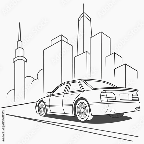 Minimal Cityscape and Car Line Art Illustration


