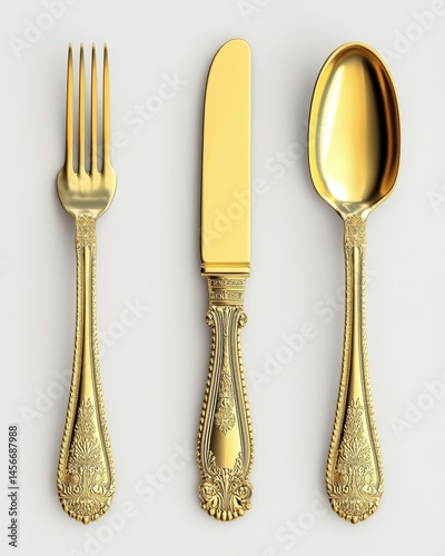 Golden flatware set on white background studio shot of ornate fork knife and spoon for dining elegance and luxury