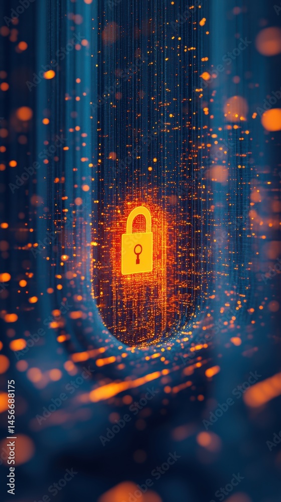 Digital Security Padlock Glows in Abstract Data Stream Tunnel Close Up Cybersecurity Concept