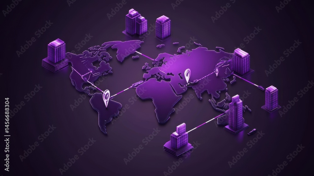 Global network isometric illustration showing worldwide business connections and office locations on world map in purple