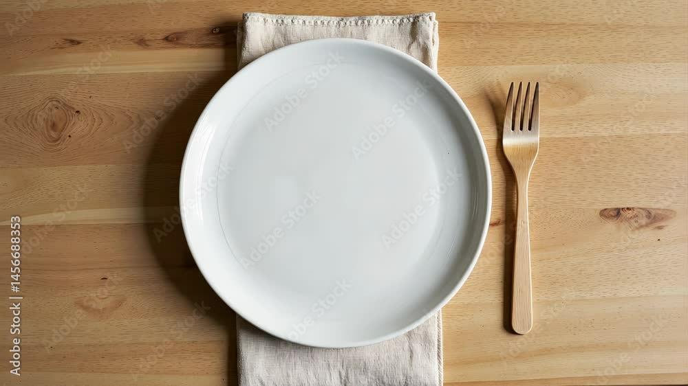 Empty White Plate with Fork on Wooden Table Empty White Plate with Fork on Wooden Table