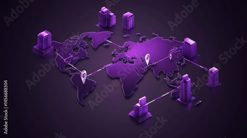 Global network isometric illustration showing worldwide business connections and office locations on world map in purple